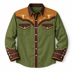 Camisa Vaquera Occidental Unisex Personalizada con Ribete en Contraste, Manga Larga, Bordada, Estilo Rodeo, Abotonada, Vintage, Casual, Corte Ajustado - Product Image 1