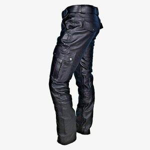 Low Price Men <b>Leather</b> <b>Cargo</b> <b>Pants</b> Wide Leg Casual Straight Leg Mid Waist Zipper Fly Baggy Pockets Streetwear Trousers OEM (RTS) - Product Image 4