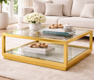 Table basse carrée moderne en acier inoxydable doré avec double plateau en verre trempé, table de salon de luxe - Product Image 1