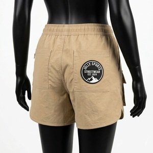 Shorts de sport pour femme en nylon respirant de haute qualité 120 GSM, couleur kaki, avec poches cargo, logo personnalisé. - Product Image 4