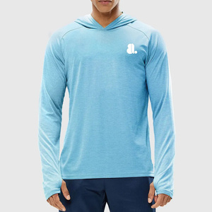 Camiseta con Capucha de Manga Larga Azul Claro para Hombre, Color Sólido, Deportiva, Tejida, de Secado Rápido, Corte Ajustado, 100% Algodón, Talla Grande - Product Image 1
