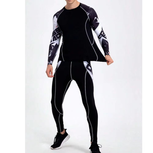 Conjunto de compresión de manga larga para hombre, color negro, cuello redondo, de secado rápido, licra y poliéster, top de manga larga y pantalones, para todas las estaciones, geométrico - Product Image 2