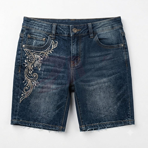 High Quality Men Embroidered Rhinestone Denim Shorts Stone Embellished Jean Shorts Custom Fashion Apparel Factory Supplier - Product Image 1