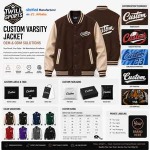 Veste universitaire personnalisée pour homme, marron beige, avec lettres brodées sur le devant, col rabattu, décontractée, en laine/polyester, coupe-vent pour l'hiver - Product Image 4