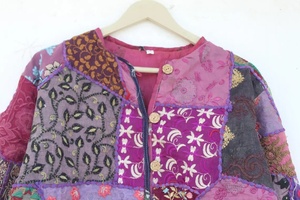 Women <b>Quilted</b> Chiffon Patchwork Jacket Vintage Colorful Embroidery Outerwear Loose Fit Boho Relaxed Coat Windproof Eco-Friendly - Product Image 5