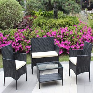 Juego de Muebles de Patio de Ratán Beige de 4 Piezas con Asientos Acolchados, Sofá de Mimbre para Exteriores con Cojines - Product Image 5