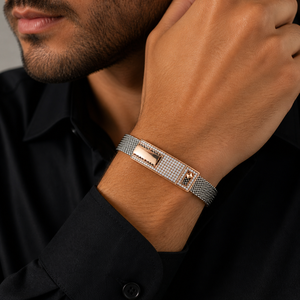 925 Sterling Silver Solid Gold Accent Cubic Zirconia Bracelet High Polish Luxury Mesh Link Geometric <b>Mens</b> Unisex for Wedding Par - Product Image 4