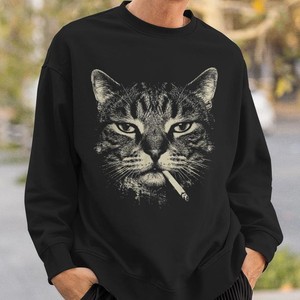 Sweat-shirt à capuche unisexe noir avec imprimé chat fumant une cigarette, décontracté, avec poche, coupe classique, pour l'automne, 100% coton molletonné - Product Image 3