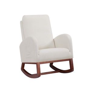 Sedia a dondolo da interno in flanella beige con schienale alto e gambe marroni, sedia da soggiorno con tasca laterale - Product Image 5