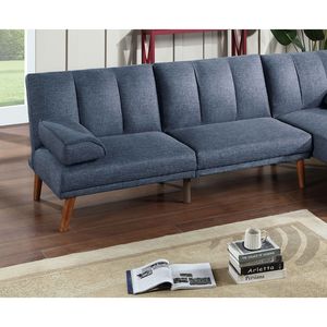 Divano Regolabile in Polifibra Blu Navy con Gambe in Legno Massello, Divano Letto Imbottito per Arredamento Soggiorno - Product Image 4