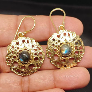 Beautiful Natural Flashy Labradorite Long Drop Earrings Solid Brass Gold Plated Beaded Design Bezel Set Handmade Trendy - Product Image 2