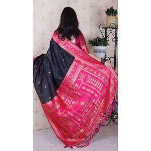 Black Soft Silk Zari Woven <b>Warli</b> Art Traditional Saree Indian & Pakistani Clothing - Product Image 3