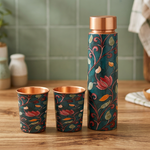 Juego de Botella y Taza de Agua de Cobre con Diseño Floral, Portátil, para Viajes, con Tapas, para Uso en Exteriores - Product Image 3