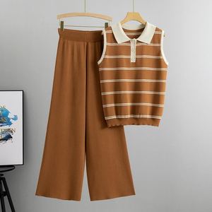 Conjunto de Dos Piezas Tejido para Mujer, Forro de Algodón Transpirable, Top sin Mangas Tipo Polo, Pantalones Anchos, Atuendo Formal de Verano - Product Image 1