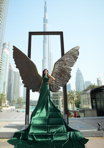 Elegant <b>Emerald</b> Green Long Flying <b>Dress</b> Outdoor Photo Shoot Wear Dubai Flying <b>Dress</b> Luxury Satin Maxi Gown - Product Image 2