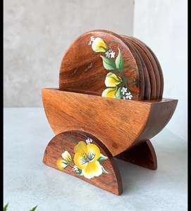 Sous-verres en bois faits à la main en gros, sous-verres ronds en bois utilisés pour servir le thé - Product Image 2