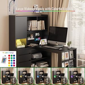 Scrivania Moderna a L per Ufficio Domestico con Luce LED, Cassetti e Libreria per Studio - Product Image 3