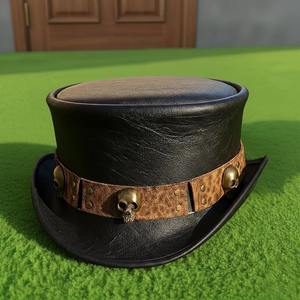 หมวกทรงสูงหนังแท้สีดำคุณภาพสูง งานแฮนด์เมดสำหรับผู้ชาย ประดับหัวกะโหลก สไตล์สตีมพังก์ กอธิค คอสเพลย์ - Product Image 5