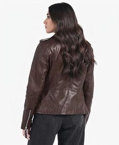 Women's Genuine Leather Motorcycle Jacket Brown Stand Collar <b>Zipper</b> Closure Full Sleeve Biker Style Autumn Wear - Product Image 3