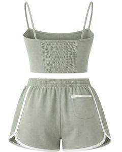 Sage Green Women Camisole And Shorts Set Summer Two Piece Outfit Cotton Blend Crop <b>Top</b> Ruched Tie Front Drawstring Shorts Casual - Product Image 2