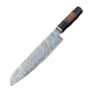Damascus Steel Chef Knife With Wooden Handle And <b>Black</b> Grip - Product Image 1