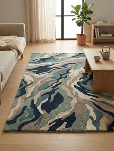 Alfombra de área de ondas abstractas de mármol hecha a mano, la más vendida - Alfombra antideslizante de pelo medio con patrón de camuflaje costero oceánico en azul, verde azulado y beige - Product Image 5