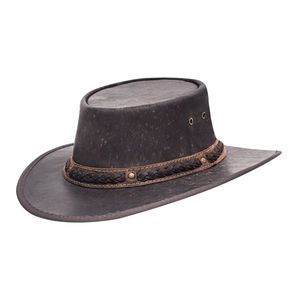 Sombrero de cuero marrón oscuro desgastado estilo Outback con corona plana, banda trenzada y ojales de latón - Product Image 1