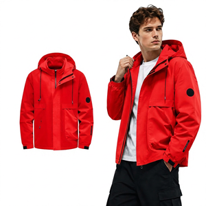 Men's Light Gray Hooded Stand Collar Windproof <b>Zipper</b> <b>Jacket</b> Casual Outerwear with Pockets and Logo Patch on Sleeve - Product Image 5