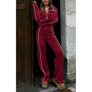 Women's Red Tracksuit Set Full Zip Long Sleeve Loose Fit Sporty Jogger <b>Pants</b> With Side Stripe All Seasons Wear - Product Image 4