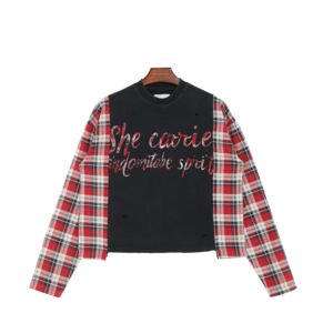 T-shirt pour homme en flanelle à carreaux 100% coton, manches longues, patchwork, surdimensionné - Product Image 1