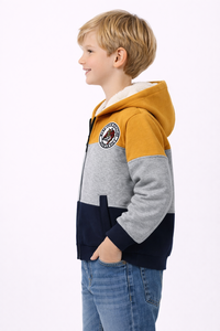 Veste à capuche pour garçons, coloris gris moutarde et bleu marine, style Little Explorer, doublure Sherpa, fermeture éclair, vêtement d'extérieur pour l'école - Product Image 2