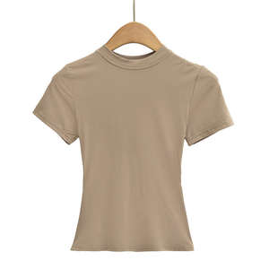T-shirt court moulant pour femme, col rond, manches courtes, couleur unie, haute qualité, prix abordable, avec bordure côtelée aux épaules – Grande Vente - Product Image 3