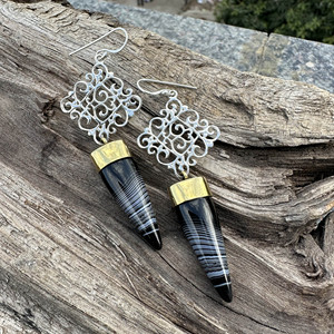 Wholesale Handcrafted 925 Sterling Silver <b>Black</b> Botswana Agate <b>Dangle</b> <b>Earrings</b> Two Tone Mixed Metal Spike Drop <b>Earrings</b> - Product Image 4