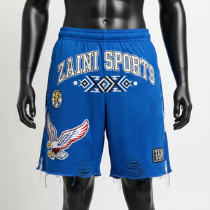 Shorts de malla de poliéster premium azules, transpirables, de secado rápido, con dobladillo desgastado, parche bordado, logotipo personalizado, shorts para mujer - Product Image 3