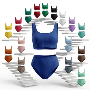 100% High Quality Ribbed Textured Plain Blank Bikini Set Square Neck Crop Top High Waist Two Piece Comfortable Suit Beachwear - Product Image 1
