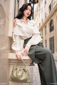 Women's Ivory Cold Shoulder Ruffle Blouse <b>Layered</b> Flounce Long Sleeve Chiffon Shirt Elegant Feminine Casual <b>Top</b> STELA - Product Image 4