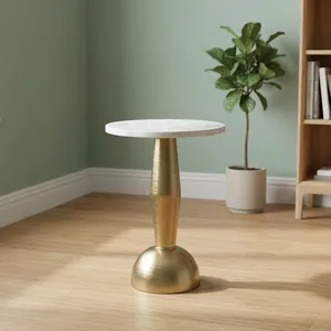 Modern Round White Marble Top <b>Side</b> <b>Table</b> with Brushed <b>Gold</b> Metal Pedestal Base Luxury Accent Furniture for Elegant Living Spaces - Product Image 1