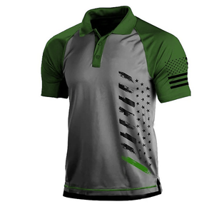 Polo à manches courtes en tricot gris pour homme, à blocs de couleur, à séchage rapide, avec imprimé drapeau américain, style sportif - Product Image 5