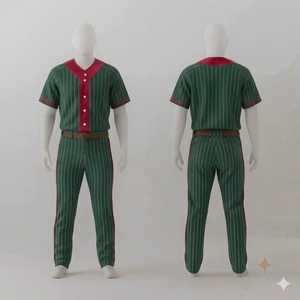 Ensemble de vêtements de sport pour hommes sur mesure, uniforme de baseball, maillot vert à rayures fines, bordure rouge, pantalon vert à rayures fines, ceinture marron - Product Image 1