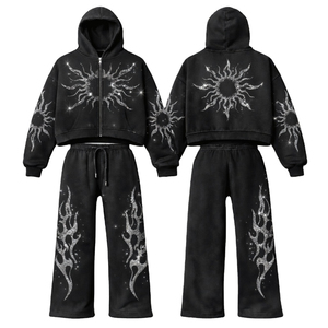 Custom Flame Graphic Printing <b>Black</b> Fleece <b>Zip</b>-<b>up</b> <b>Hoodie</b> and Joggers Set with Silver Glitter Sun Tracksuit For Streetwear - Product Image 6