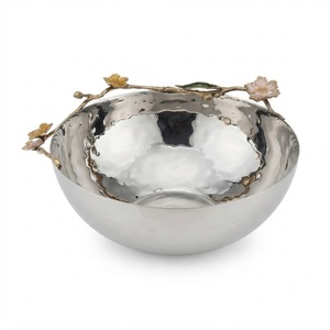 Wholesale Stainless Steel Hammered Serving Bowl With Gold Cherry Blossom Branch Handle Elegant Floral Centerpiece For Home Decor - Product Image 1