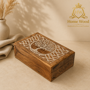 Home Wood Wooden Storage Box with Carved <b>Tree</b> Design Rustic Finish for Jewelry Organizers - Product Image 1
