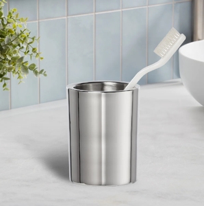 Wholesale Eco-Friendly Chrome Plated Metal <b>Toothbrush</b> <b>Holder</b> Cylinder Tumbler Stand Bathroom Vanity Accessory for Hotels - Product Image 1