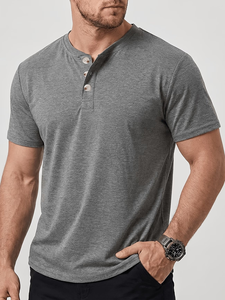 Men's Short Sleeve V-Neck Button-Up <b>T</b>-Shirt Solid Color Jersey Knitted Cotton Blend Casual Regular Fit Breathable 180g <b>Back</b> Logo - Product Image 4
