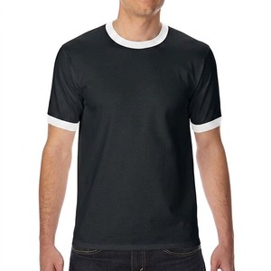 Camiseta de Manga Corta Negra para Hombre con Ribete en Contraste Blanco, Cuello Redondo, Corte Regular, Informal, Color Sólido, Tejido de Punto Jersey, Algodón - Product Image 1