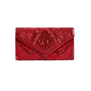 Elegant <b>Red</b> Beaded Clutch With <b>Sequin</b> Embroidery Geometric Pattern Cover Closure Evening Party Bag - Product Image 1