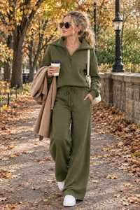 Conjunto Deportivo de 2 Piezas para Mujer, Color Verde Oliva, Sudadera con Media Cremallera y Pantalones Anchos, Estilo Casual y Holgado - Product Image 3