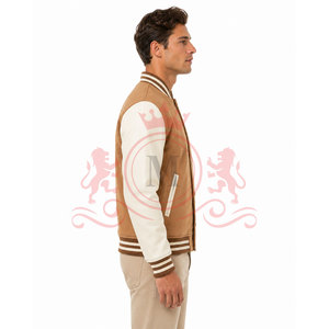 Chaqueta Letterman Beige Camel Más Vendida, Tejido Suave, Mangas en Contraste, Puños Acanalados, Atuendo Elegante de Moda Urbana - Product Image 3