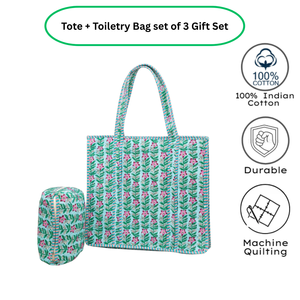 Bolso Tote con Estampado Floral de Jaipur + Set de Neceser a Juego, de Algodón Acolchado con Cierre de Cremallera, Ecológico, Duradero, Hecho a Mano, Lavable - Product Image 3