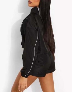 Women's Black Hooded Windbreaker Tracksuit Set Custom <b>Crop</b> <b>Top</b> and Shorts Sporty Streetwear Summer Co Ord Outfit - Product Image 4